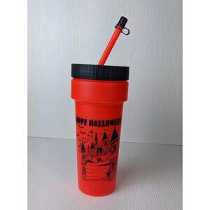 vintage plastic Halloween drink tumbler orange bendy straw haunted house